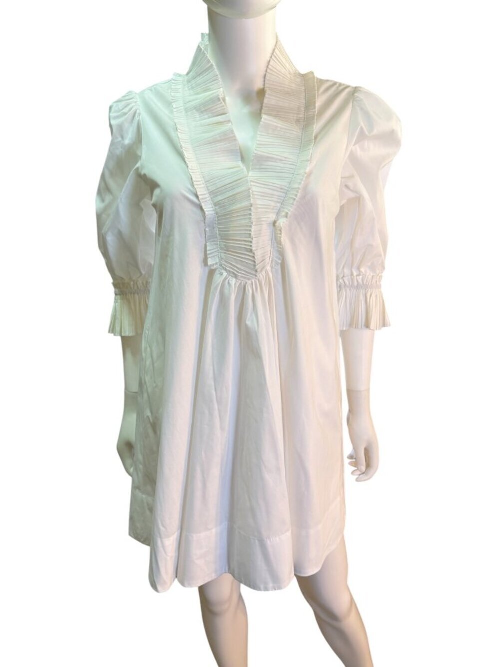 SOVERE Rapture Smock Mini Dress V-Neck Pleated Trim Puff Sleeves Size XS NWT